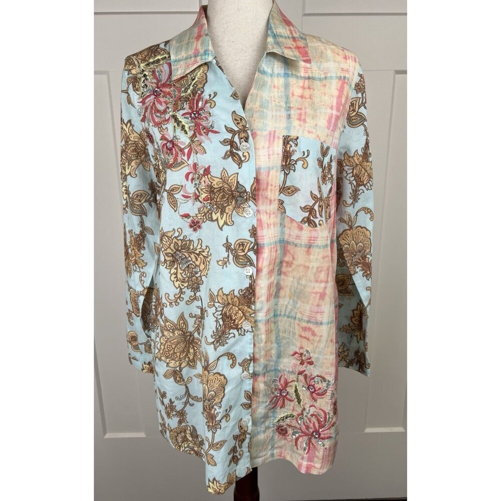 Soft Surroundings Descansa Blouse Beaded Embellished Boho Mixed Print Cotton